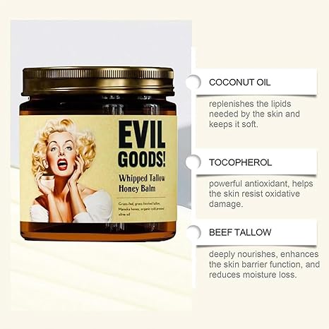 EVIL GOODS! Whipped Beef Tallow and Manuka Honey Balm, 4oz, Organic Face Cream, Moisturizer, Body Lotion, Skin Care and Lip Balm
