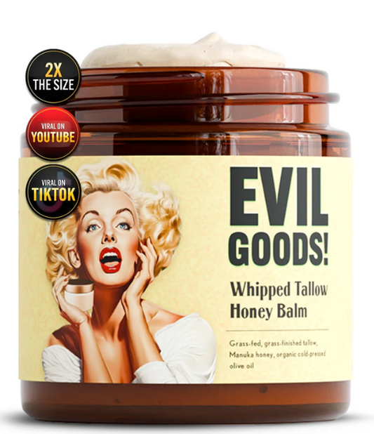 EVIL GOODS! Whipped Beef Tallow and Manuka Honey Balm, 4oz, Organic Face Cream, Moisturizer, Body Lotion, Skin Care and Lip Balm